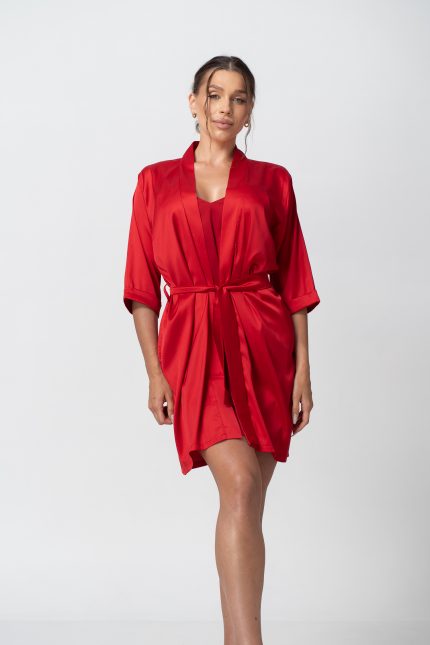 Жіночий шовковий халат червоного кольору - Зображення 4
