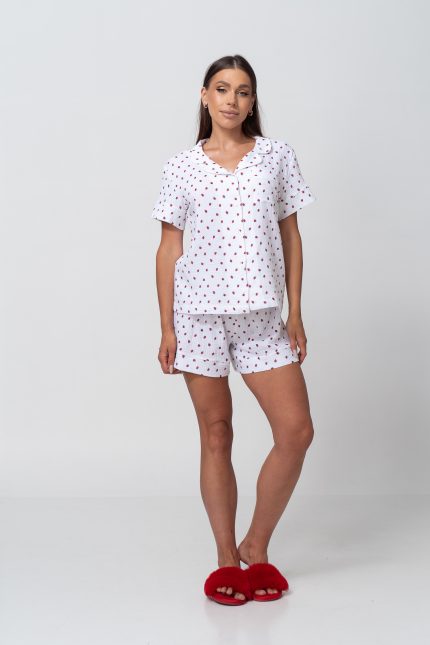 Жіночий мусліновий комплект із сорочкою та шортами молочного кольору з принтом у сунички - Зображення 3