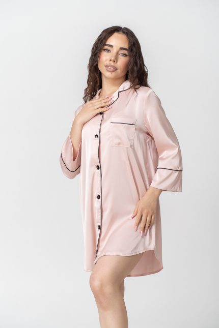 Жіноча шовкова сорочка для дому та сну кремового кольору та чорним кантом - Зображення 3