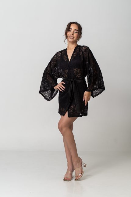 Жіночий халат із гіпюру (мережива) чорного кольору - Зображення 5